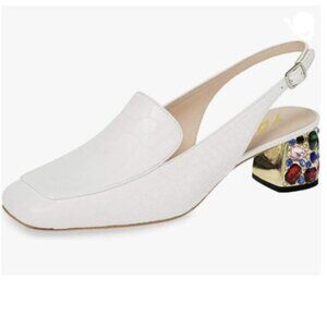 YDN Women Classic Pumps Rhinestone Block Low Heels Closed Square Toe White Shoes